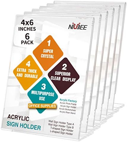 NIUBEE Acrylic Sign Holder 4x6 Vertical L-Shape Picture Stand 6 Pack by NIUBEE