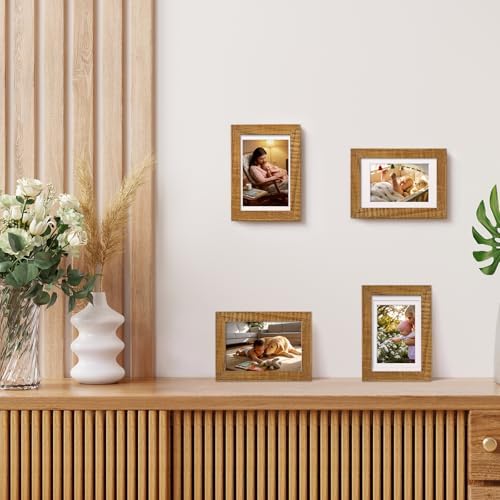 Egofine 4x6 Picture Frames Made of Solid Wood with Plexiglass Set of 4, Display Pictures 3x4.5 and 3.5x5 with Mat or 4x6 Without Mat for Tabletop and Wall Mounting, Teak Wood - Image 6