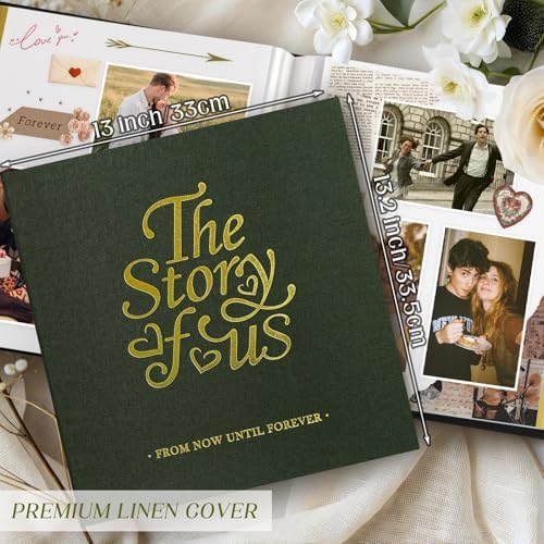 Lanpn Couples Scrapbook Photo Album - The Story of Us, Linen Wedding Anniversary Self Adheisve Picture Book holds 4x6 5x7 A5 Photo for Love Newlywed Valentine's Day (Large 40 Sheets/80 Pages, Green) - Image 2