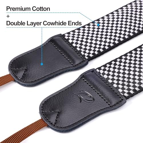 Padwa Lifestyle Black and White Fine Plaid Camera Strap - 2" Wide Cowhide Head Cotton Strap,Vintage Check Weave Neck Shoulder & Crossbody Camera Straps for Photographers Gift and All DSLR Cameras - Image 2