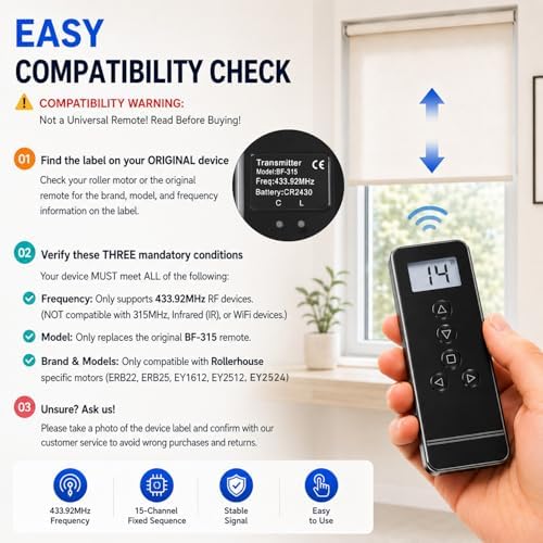 15-Channel Blind Remote Controller, Black -Replacement for Motorized Roller Shades, Window Blinds & Shades - Compatible with Rollerhouse ERB22,ERB25, EY1612, EY2512 Motors - Image 5