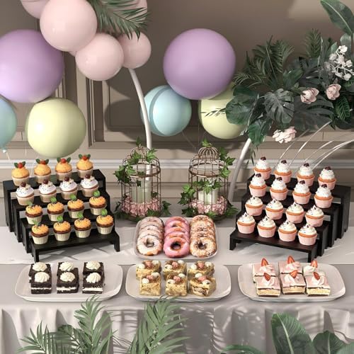 4 Set Black Wooden Tiered Riser Display Stands for Vendor Events,Stackable Wood Cupcake Stand,Farmhouse Decor Wood Dessert Table Display Set,Vendor Booth Display Items,Food Display Risers for Party - Image 2