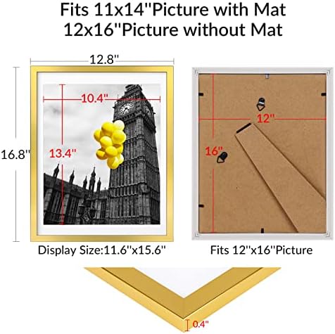 12x16 Picture Frame Set of 6, Display Pictures 11x14 with Mat or 12x16 Without Mat,Wall Gallery Photo Frames, Polished Gold - Image 6
