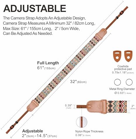 Padwa Lifestyle Cool Ethnic Style Apricot Camera Strap - 2"Cowhide Head Camera Straps for Photographers,Vintage Jacquard Embroidery Woven Cotton Adjustable Shoulder Neck Straps for Cameras,Binoculars - Image 5
