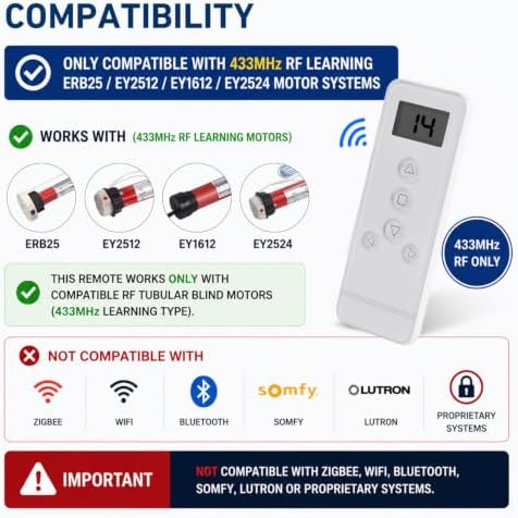 14 Channel RF Remote Control for Roller Shades – Compatible with ERB25/EY2512 Motorized Blinds Systems, Individual & Group Control, Replace Lost or Broken Remote for RF Tubular Motors (Not Universal) - Image 4