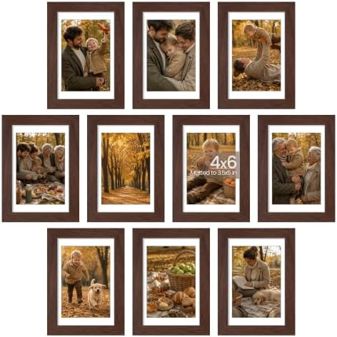upsimples 4x6 Picture Frame Set of 10, Display Pictures 3.5x5 with Mat or 4x6 Without, Multi Photo Frames Collage for Wall or Tabletop Display, Brown by upsimples