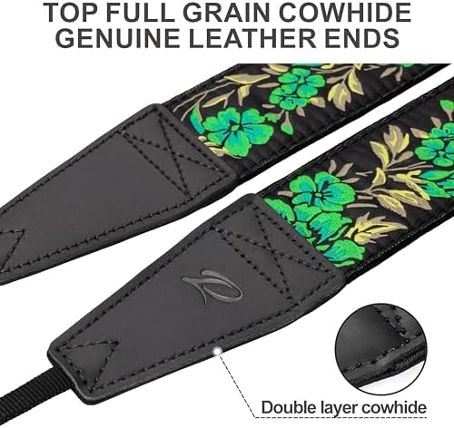 Padwa Lifestyle Green Rose Camera Strap - 2" Full Grain Leather Ends Camera Straps for Photographers, Vintage Embroidered Cotton Soft Suede Fabric Padded Strap Quick Release fits All Cameras - Image 2