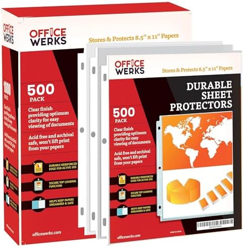OfficeWerks Clear Sheet Protectors 8.5x11 for 3 Ring Binder, 35 Micron Plastic Sleeves, Top Loading, Reinforced Holes, Archival Safe, Durable Page Protectors for Documents and Binders (500) by Office+Werks