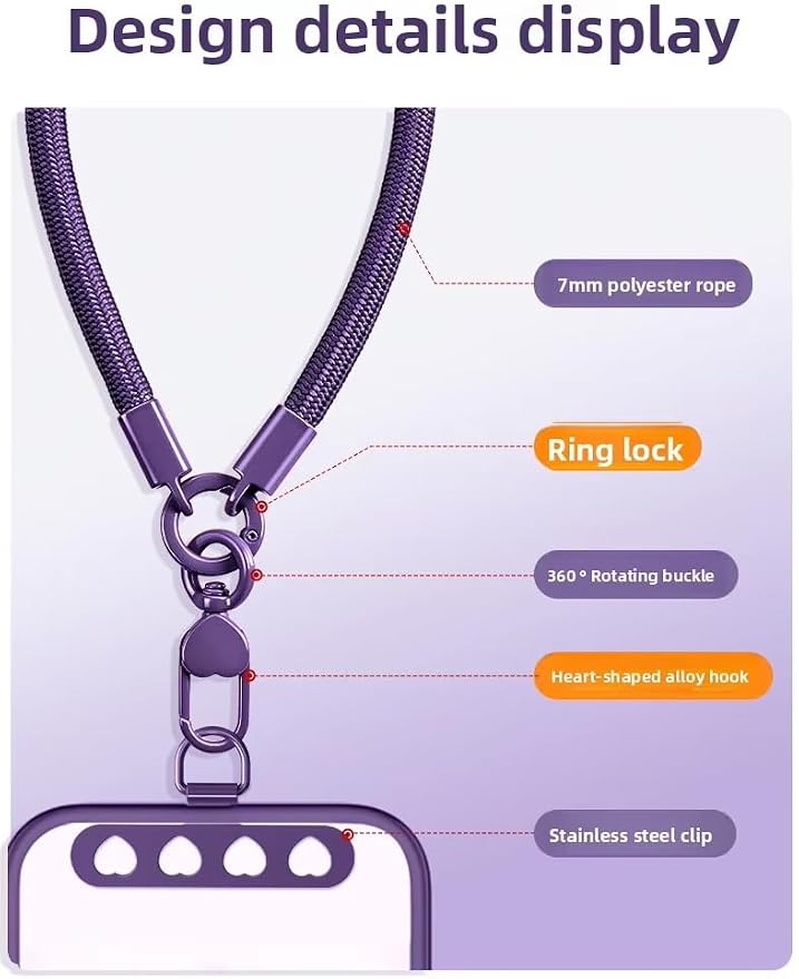 Phone Wrist Strap Lanyard Hand Wristlet with 360° Rotating Clip Stainless Steel Tether Buckle Finger Grip Strong Durable Anti-Tangle Universal for iPhone Camera Keychain Travel Dark Purple - Image 8