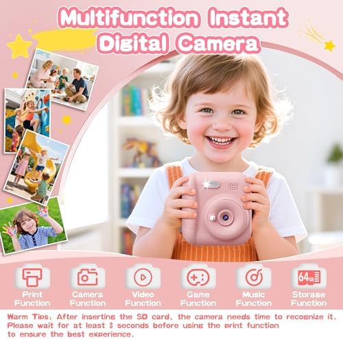 Kids Instant Camera with 64GB SD Card, Portable Digital Camera Toy for Girls and Boys Ages 3-12, Toddler Christmas and Birthday Gift for 3 4 5 6 7 8 9 10 Year Old Kids (Blue) (Pink) - Image 2