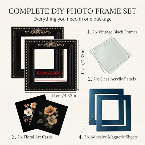 Retro Magnetic Picture Frames for Refrigerator, Set of 2 Mini Vintage Magnet Frames with Strong Magnetic Back, Resin Gold Black 4.33x4.33 inch for Kitchen Decor Photos (Black A) - Image 7