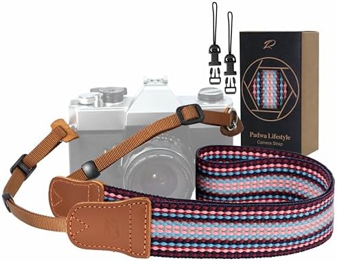 Padwa Lifestyle Striped Purple Camera Strap - 1.5" Soft Cotton Rope Weave Crazy Horse Cowhide Head Camera Straps for Photographers and All Cameras,Cute Adjustable Vintage Woven Strap for Adults&Youth by PadwaLifestyleCameraStrap