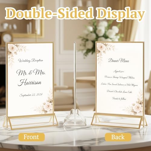EHWINE 24 Pack Acrylic Sign Holder 5 x 7, Double Sided Gold Picture Frame Stand up Table Top Sign Holders, Clear Display Stand Menu Flyer Holder for Wedding Party - Image 3