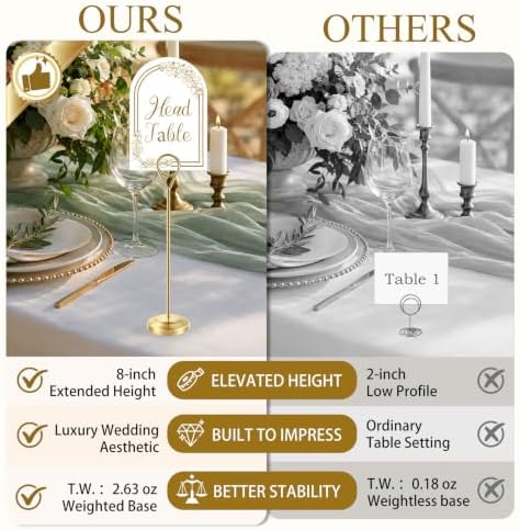 Radezon 26 PCS Gold Table Number Holders With Table Numbers 1-25 & Head Table Card, 8" Weighted Base Place Card Holders for Outdoor Wedding, Windproof Sturdy Metal Photo Stands for Reception Tables - Image 3
