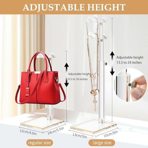 2Pcs Purse Display Stands, Height Adjustable10"-16"+14"-24", Acrylic Handbag Stands for Display, Clear Holder for Purse Evening Bag Clutch, Bag Table Rack, Purses Hanging Organizer for Closet Retail Vendor - Image 2