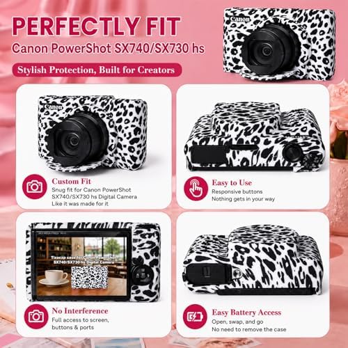 Cute Camera Case for Canon PowerShot SX740 HS/SX730 HS,Silicone Protective Cover with Removable Lens Cap,Wrist Strap & 2 Pack Tempered Glass Screen Protector for Women (White Leopard) - Image 5