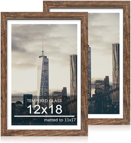 12x18 Picture Frame Set of 2, 12 x 18 Wood Poster Frames with Mat for 11x17, Wooden Photo Frames with Tempered Glass Cover for Wall Display, Rustic Brown by CCDCC
