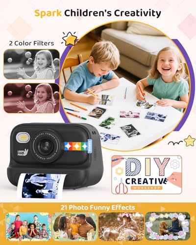 Kids Color Instant Print Camera – Kids Camera with 5 Color Photo Paper, 48MP & 1080P Video, 21 Fun Frames, 32G Card, Christmas/Birthday Gifts for Girls and Boys Ages 3 4 5 6 7 8 9 10 11 12 - Black - Image 3