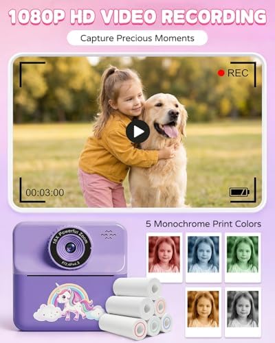 Kids Camera Instant Print with Carrying Case, Digital Selfie Camera with 6 Rolls Print Paper, 5 Monochrome Colors, 32GB SD Card, Portable Toddler Camera for Girls 3-12, Christmas Birthday Gift - Image 4