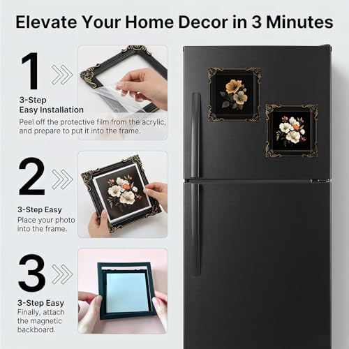 Magnetic Picture Frames for Refrigerator 2 Pack – Vintage Black Small Magnetic Photo Frames for Fridge – Mini Magnetic Frames for Refrigerator Photos – Strong Magnet Backing – 4.33×4.33inch Resin Frame for 3.66×3.66 Picture - Image 5