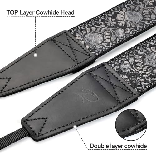 Padwa Lifestyle Gray Flower Camera Strap - 2" Full Grain Leather Ends Camera Straps for Photographers, Vintage Embroidered Cotton Weave Soft Suede Fabric Padded Strap Quick Release fits All Cameras - Image 2