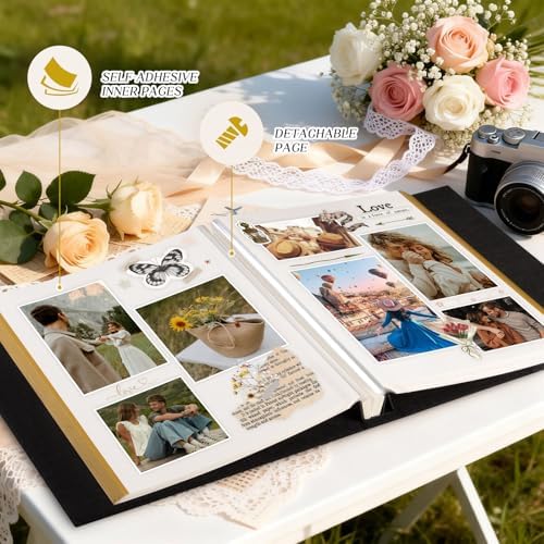 Lanpn Couples Scrapbook Photo Album - The Story of Us, Linen Wedding Anniversary Self Adheisve Picture Book holds 4x6 5x7 A5 Photo for Love Newlywed Valentine's Day (Large 40 Sheets/80 Pages, Beige) - Image 3