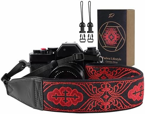 Padwa Lifestyle Camera Strap - 2" Full Grain Leather Ends Camera Straps for Photographers, Vintage Red Embroidered Cotton Weave Soft Suede Fabric Padded Strap Quick Release fits All Cameras by PadwaLifestyleCameraStrap