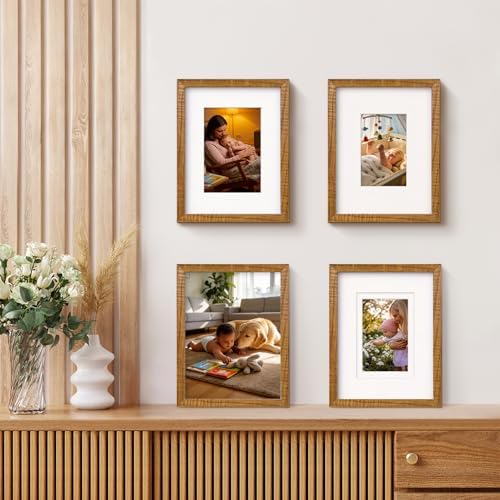 Egofine 9x12 Picture Frames 4PCS Covered by Plexiglass,Solid Wood Frames for Pictures 5x7/6x8 with Mat or 9x12 without Mat, Tabletop and Wall Mounting Display, Teak Wood - Image 6