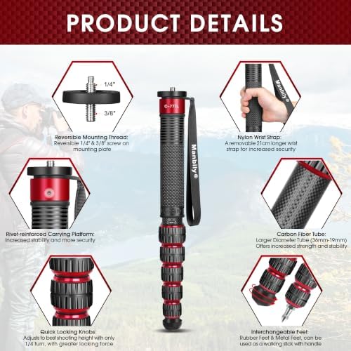 Manbily Camera Monopod, C-777L 36mm Tube Carbon Fiber Monopod with Walking Stick Handle, Portable Compact Lightweight for DSLR Cameras Travel, Max Load 40lbs - Image 4