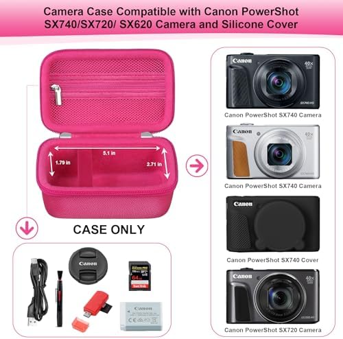 RAIALL Camera Case for Canon PowerShot SX740 HS/ SX730 HS/ SX720 HS/ SX620 HS Digital Camera, Hard Carrying Case Protective Travel Bag, Mesh Pocket for Batteries and USB Cable, Rose Red - Image 3