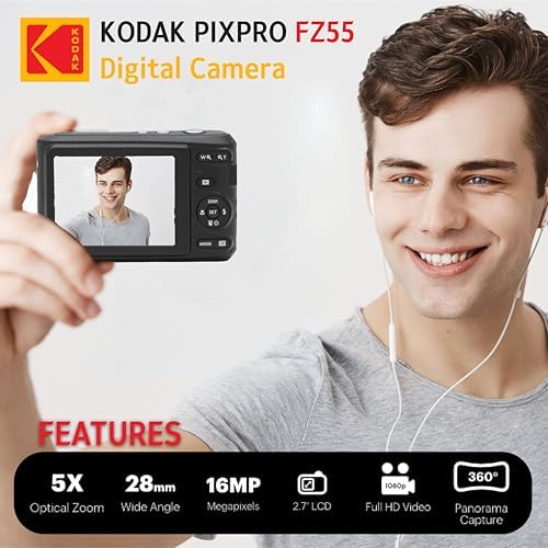 KODAK PIXPRO FZ55 16MP Digital Point & Shoot Camera, 5X Optical Zoom, 28mm Wide Angle, 1080P Full HD Video, Bundle with 32GB SD Card, Protective Case, and Hi-Speed Card Reader (Black) - Image 5
