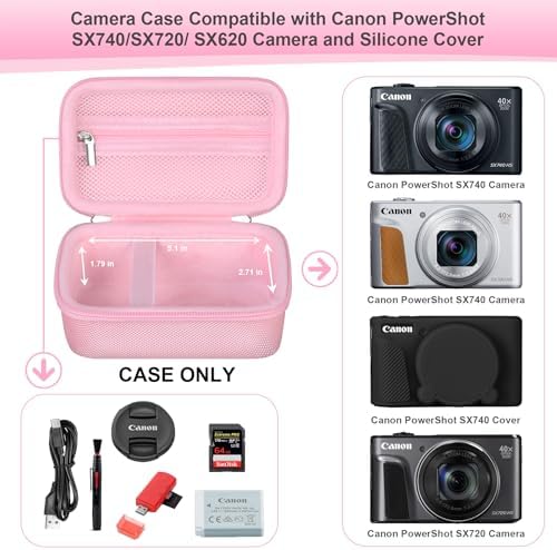 RAIALL Camera Case for Canon PowerShot SX740 HS/ SX730 HS/ SX720 HS/ SX620 HS Digital Camera, 4K Video Camera Hard Carrying Case Protective Travel Bag, Mesh Pocket for Batteries and USB Cable, Pink - Image 3