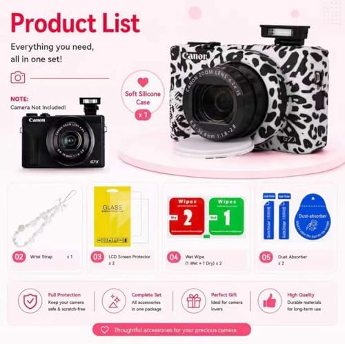 Cute Camera Case for Canon G7X Mark III,Silicone Protective Cover with Removable Lens Cap,Bracelet Wrist Strap & 2 Pack Tempered Glass Screen Protector for Women (White Leopard) - Image 3