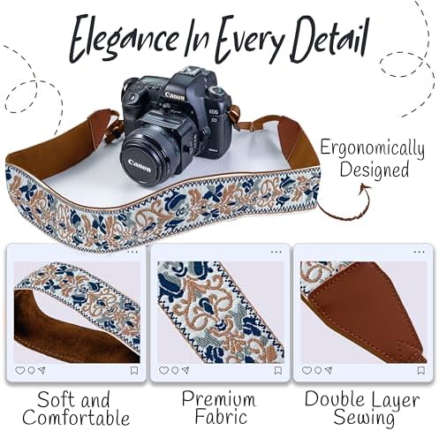 Art Tribute Camera Strap - Shoulder, Crossbody & Neck Camera Strap for Photographers, Fits All Cameras, Canon Nikon Sony Fujifilm, Padded Strap W/Quick Release, Embroidered Cotton & Leather Ends - Image 3
