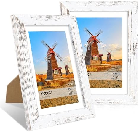 5x7 Picture Frame Set of 2, 5 x 7 Wood Photo Frames with Mat for 4x6, Rustic Natural Wooden Frame with Real Glass Cover for Wall and Tabletop Display,Distressed White by CCDCC