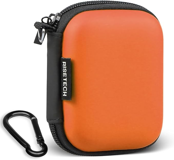 Earbud Case, RISETECH Hard EVA Earphone Travel Case Holder Headphone Small Zipper Pouch Compatible with Flash Drive, SD Cards, USB Charger Cable, AirPods, Sony Wired Earbuds with Keychain -Orange by RISETECH