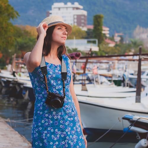 Padwa Lifestyle Black and White Fine Plaid Camera Strap - 2" Wide Cowhide Head Cotton Strap,Vintage Check Weave Neck Shoulder & Crossbody Camera Straps for Photographers Gift and All DSLR Cameras - Image 4