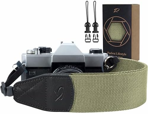 Padwa Lifestyle Light Green Camera Strap - 2" Wide Cotton Woven Genuine Leather Head Camera Straps,Complimentary 2 Pcs Quick Release Clips for All DSLR/SLR Cameras, Binoculars and Drone Remote Control by PadwaLifestyleCameraStrap