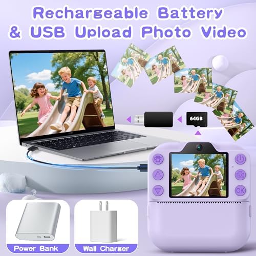 Kids Instant Camera with 64GB SD Card, Portable Digital Camera Toy for Girls and Boys Ages 3-12, Toddler Christmas and Birthday Gift for 3 4 5 6 7 8 9 10 Year Old Kids (Blue) (Purple) - Image 6