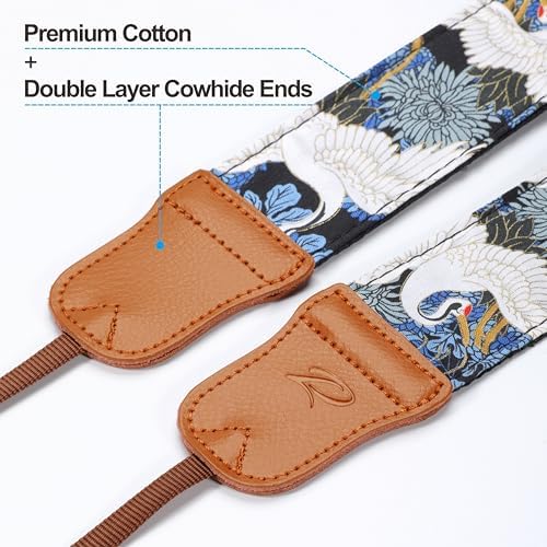 Padwa Lifestyle Blue Crane Camera Strap - 2" Cowhide Leather Head Cotton Camera Straps for Photographers,Vintage Japanese Art Print Adjustable Neck & Shoulder Strap for ALL DSLR/SLR Cameras - Image 2
