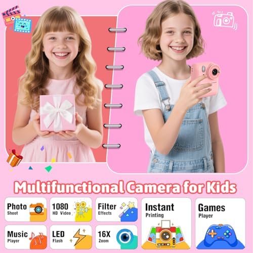 Okaloka Kids Instant Print Camera Toys,1080P HD Toddler Digital Video Camera,Christmas Birthday Gifts for Girls Boys Age 3-12 Year Old - TF Card Included (Pink) - Image 2