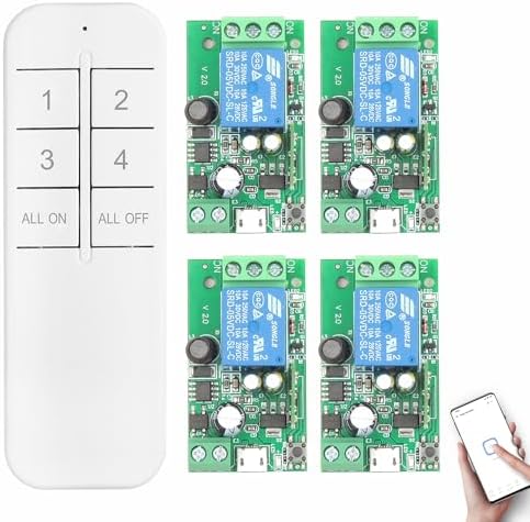 DieseRC 4x1 Channel WiFi Smart Switch with 1x Bluetooth Transmitter, DC 5V 12V 24V Passive Output Relay Module Ewelink APP WiFi Control Compatible with Alexa/Google Home, Inching/Self-Locking Switch by DieseRC