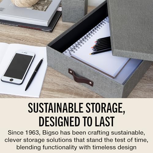 Bigso Box of Sweden Oskar Canvas Fiberboard Document Letter Box - File Organizer Box for Important Paperwork - Document Storage with a Lid & Handle - 3.3 in x 10.2 in x 13.8 in - 3 Pack - Grey - Image 7