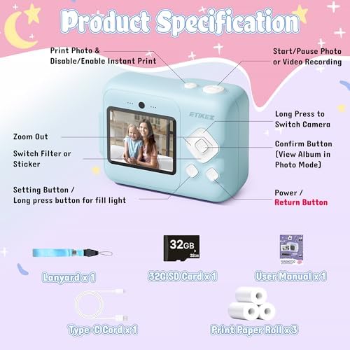 Kids Camera, 1080P Instant Digital Print, Dual Lens, 32GB Card, Blue - Image 5