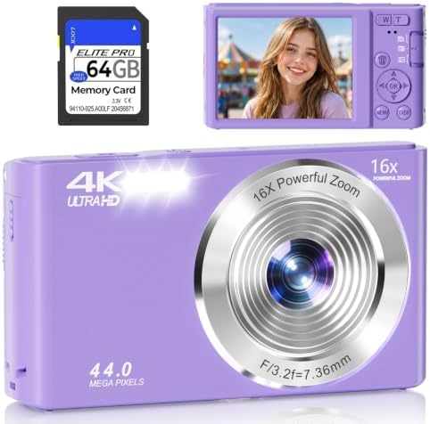 Digital Camera 4K, Autofocus Compact Digital Camera for Photography with 16X Zoom, 64GB Card & 2 Batteries by KPMORLY