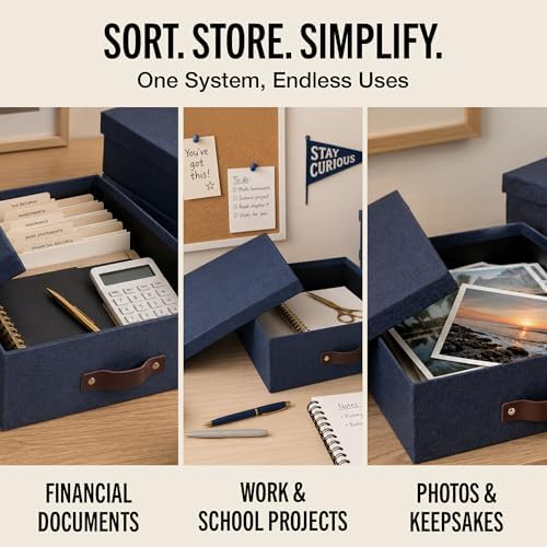 Bigso Oskar Canvas Fiberboard Document Letter Box - File Organizer Box for Important Paperwork - Document Storage with a Lid & Handle - 3.3 in x 10.2 in x 13.8 in - 3 Pack - Blue - Image 6