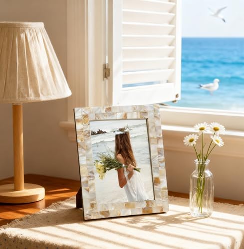 Picture Frame 5x7 Mother of Pearl Photo Frame,Beach Picture Frame Tabletop or Wall Hanging Display Frame(5x7 Natural White,1pc) - Image 3