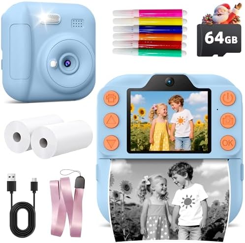 Kids Instant Camera with 64GB SD Card, Portable Digital Camera Toy for Girls and Boys Ages 3-12, Toddler Christmas and Birthday Gift for 3 4 5 6 7 8 9 10 Year Old Kids (Blue) by Coxlame
