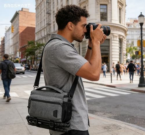 BAGSMART Camera Sling Bag with Tripod Holder & Rain Cover, Waterproof, Grey - Image 2