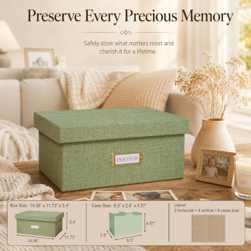 Linen Photo Storage Box, Large Organizer Box, Holds 1700 Picture, Green - Image 3